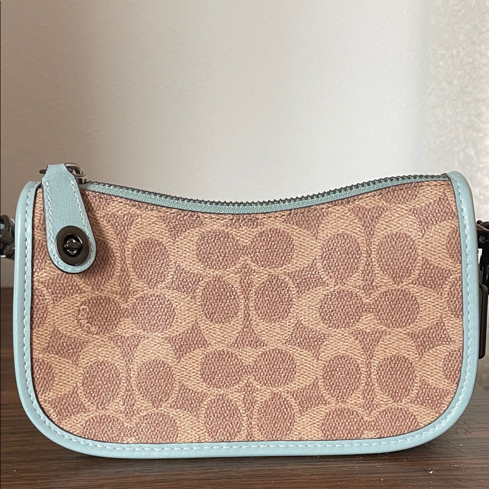 Coach swinger 20 pewter/aqua/tan in signature canvas EUC